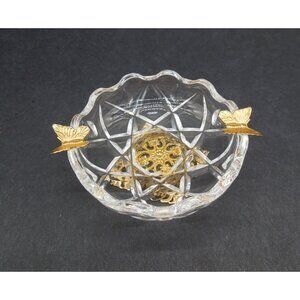 Glass Dish With Gold Butterflies, Ornate Foot And Scalloped Edge Vintage